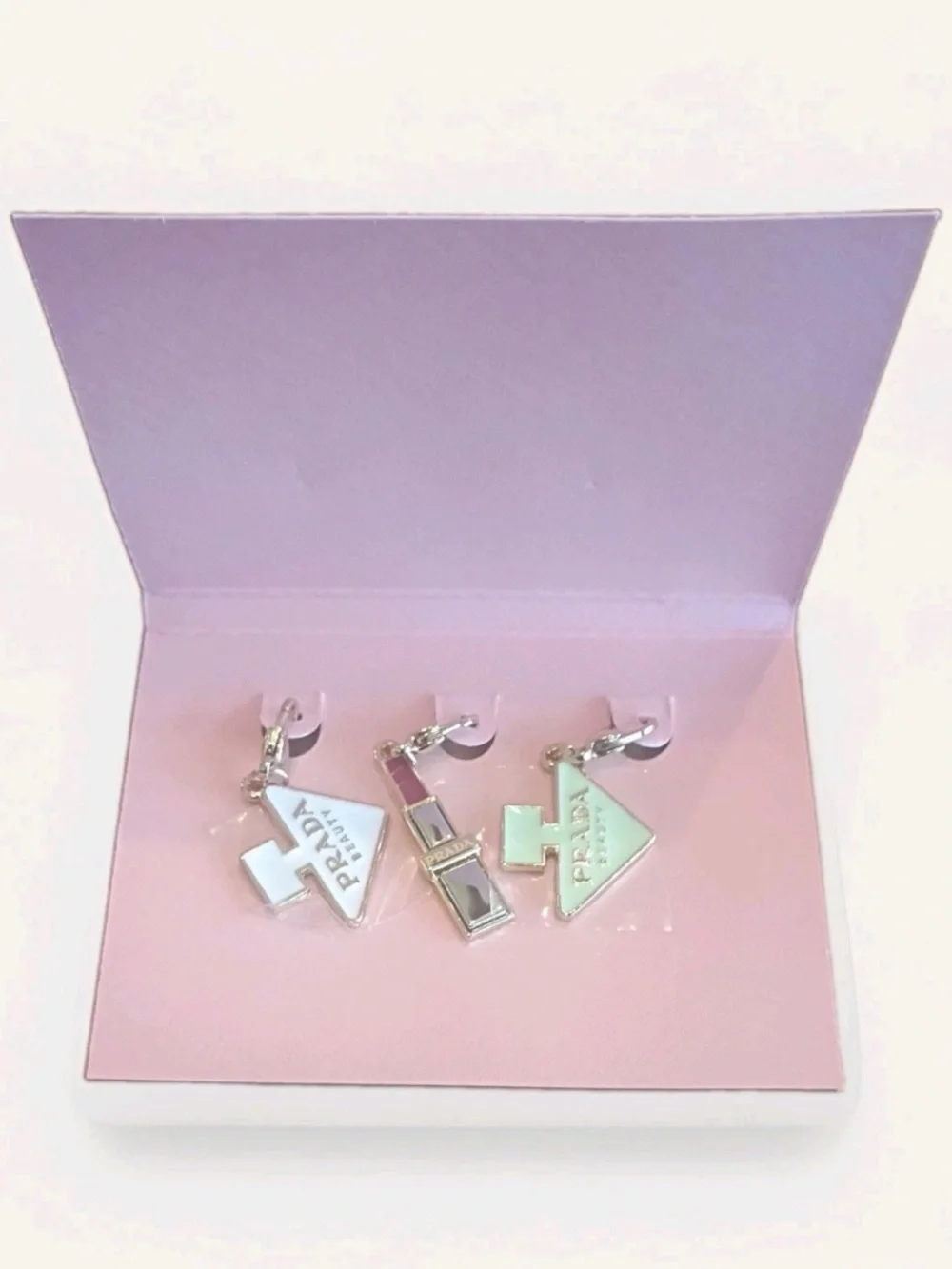 Prada Beauty Enamel Mini Charm Keychain Trio in Pink, White & Mint with Gold HW